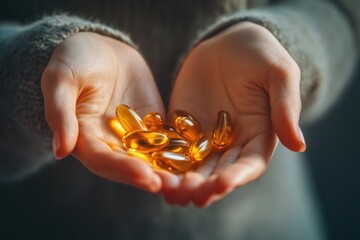 Omega 3 Pills In Hand. Woman's Hand Holding Fish Oil Antioxidant Nutritional Supplement