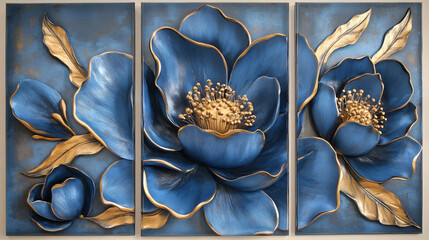 Set of three modern 3D floral wall art panels in blue and gold 