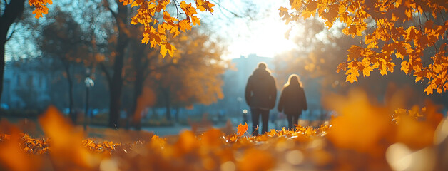 wide horizontal seasonal leaf peeping background in autumn, young couple walking at a park backward to the frame on a road, yellow color trees and leaves fall on the roadsides 