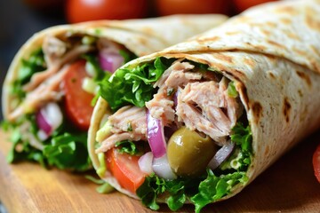 Tuna Wrap. Mediterranean Salad Wrap with Whole Grain Enclosing Tuna, Tomatoes, Olives, and Onions