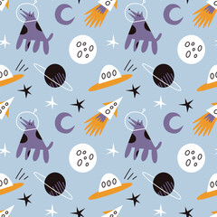 Vector seamless pattern with space and astronaut dogs. Modern design for fabric and paper, surface textures. 