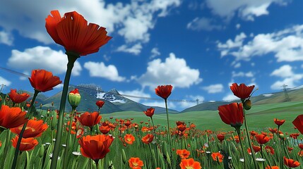 Obraz premium A blue sky with a red-filled field in the foreground, and a mountain in the background with clouds overhead