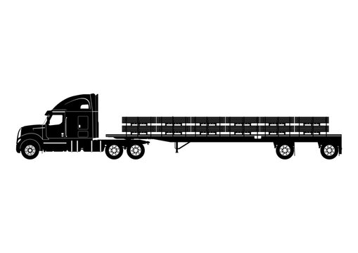 Silhouette of a truck with a loaded straight deck flatbed semi-trailer. Vector.