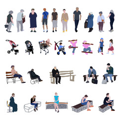 A large set of silhouettes of people. 2D image for use as an entourage. Vector flat city infographics.