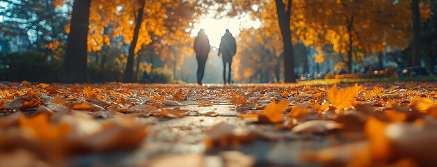 wide horizontal seasonal leaf peeping background in autumn, young couple walking at a park backward to the frame on a road, yellow color trees and leaves fall on the roadsides 
