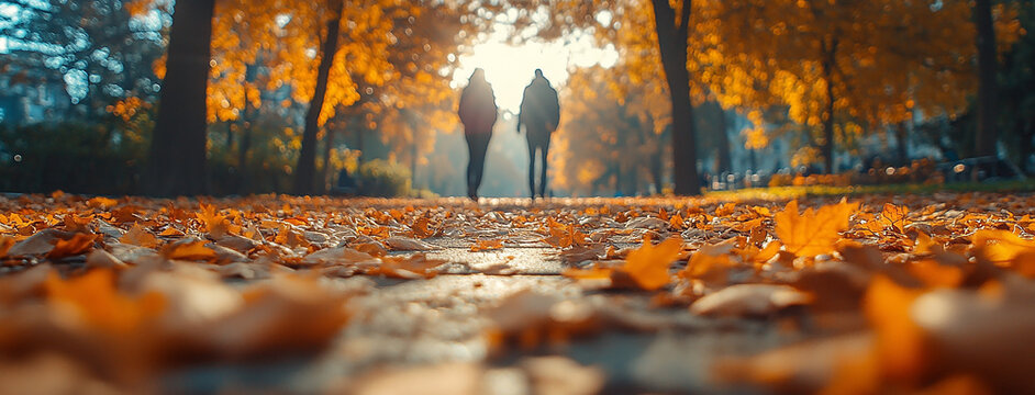 wide horizontal seasonal leaf peeping background in autumn, young couple walking at a park backward to the frame on a road, yellow color trees and leaves fall on the roadsides 