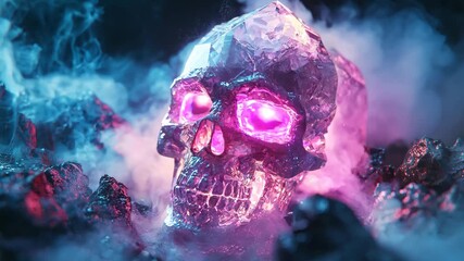 Luminous Crystal Skull Amidst Mystical Mist and Rocks in Dark Environs