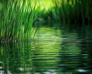 Going With The Flow. Tranquil Scene of Flowing Water Amongst Lush Green Grass and Reeds