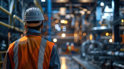 industrial guardian rear view of worker in highvisibility gear observing bustling factory floor focus on reflective vest and helmet with blurred machinery in background