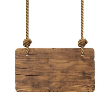 Placa de madeira envelhecida pendurada por cordas
