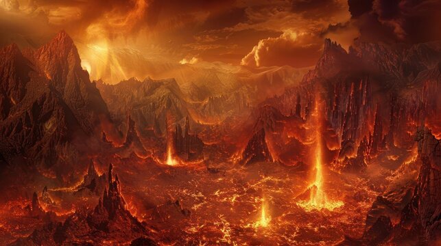 infernal landscape with towering flames smoldering rock formations and ominous shadows creating a vivid representation of religious concepts of hell and eternal damnation