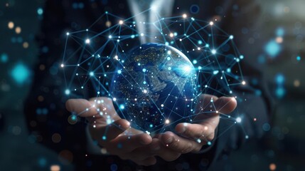 innovative businessman holding a holographic globe with interconnected network lines digital marketing strategy visualized through glowing icons and data streams futuristic business concept