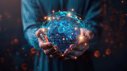 innovative businessman holding a holographic globe with interconnected network lines digital marketing strategy visualized through glowing icons and data streams futuristic business concept