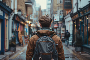 Obraz premium A man is seen from behind walking on a city road on a cloudy day