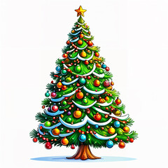 Colorful Christmas tree with numerous ornaments, topped with a star, standing on a wooden base against a white background.