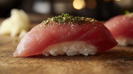 Tuna nigiri with rustic plating and garnishes, light bokeh in background
