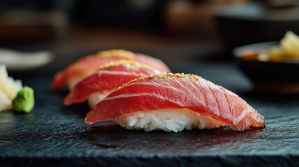 Tuna nigiri with rustic plating and garnishes, fine dining
