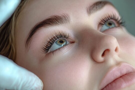Eyelash Tint. Young Caucasian Woman Getting Professional Lamination Service, Closeup Shot