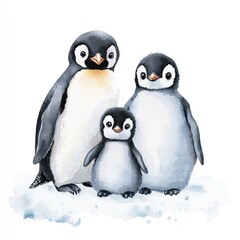 Watercolor Penguin. Cute Baby Penguin Family Illustration on Winter White Background