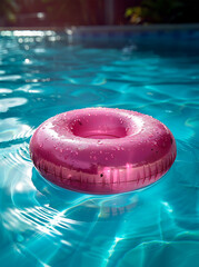 A pink inflatable ring floating on blue water .