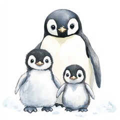 Obraz premium Watercolor Penguin. Cute Family of Baby Penguins in Winter Christmas Theme