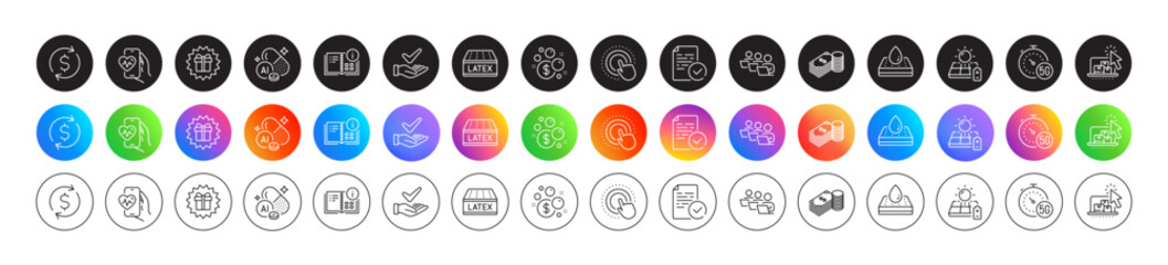 Dollar exchange, Savings and Waterproof mattress line icons. Round icon gradient buttons. Pack of Launder money, Aluminium mineral, Click hand icon. Vector
