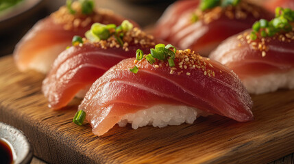 Tuna nigiri with rustic plating and garnishes on wooden tray
