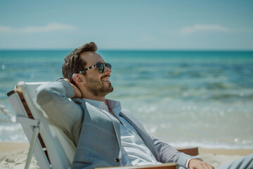 Fototapeta premium Enjoying a Relaxing Summer Business Trip by the Calm Ocean Shore