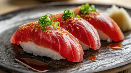 Red tuna nigiri with rustic plating and garnishes
