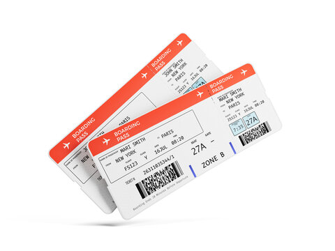 Air plane tickets on white, pair of plane boarding pass. Travel or tourism concept.