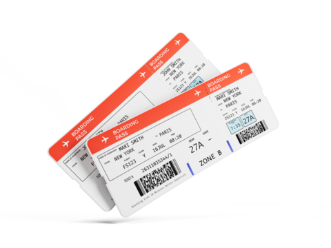 Air plane tickets on white, pair of plane boarding pass. Travel or tourism concept.