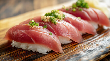Low fat tuna nigiri with rustic plating and garnishes
