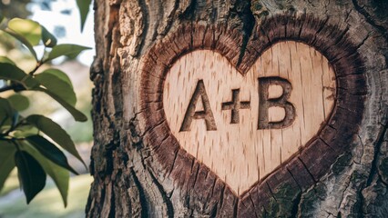 Couple's Initials Carved in a Tree with Love