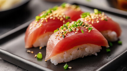 Tuna nigiri with rustic plating and garnishes on square black plate
