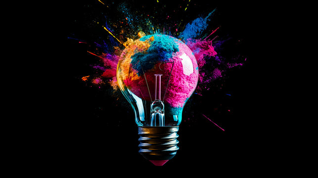 Light bulb explodes with bright colorful splashes, visualization of brainstorming, bright idea and creative thinking
