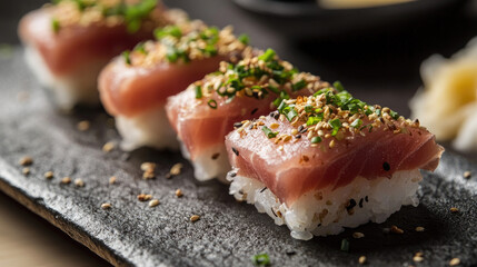 Seared tuna nigiri with rustic plating and garnishes
