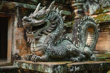 Fototapeta premium Vietnamese Dragon. Ruined Ancient Temple with Intricate Architecture