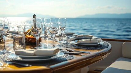 Yacht Dining. Elegant Outdoor Dining Table on Deck with Sea Views
