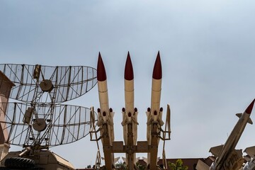 Missile display with radar equipment under clear sky