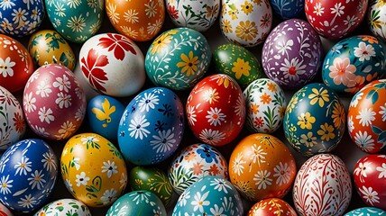Collection of colourful hand painted decorated easter eggs on white background cutout file. Pattern and floral set. Many different design. Mockup template for artwork design. Generative AI 