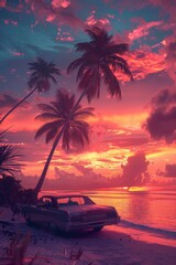 Summer road trip with a car parked on the beach under a vibrant red sunset sky, embodying spirit