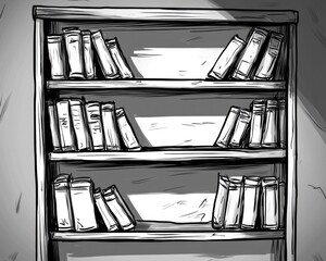 Sketch Bookshelf. Library Collection with Silhouette of Books in Vignetting Style