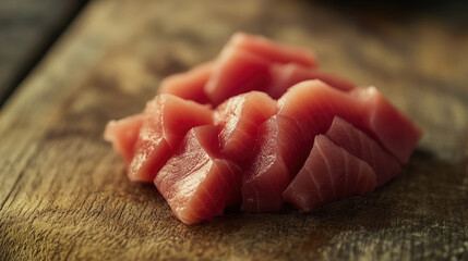 Cubed raw tuna on rustic wooden serving platter