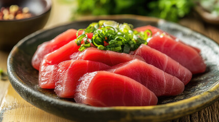Tuna sashimi with rusting plating, green onion 