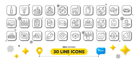 Smartphone glass, Correct checkbox and Open mail line icons pack. 3d design elements. Chlorine mineral, Fast food, Secure mail web icon. Equality, Engineering plan, Open box pictogram. Vector