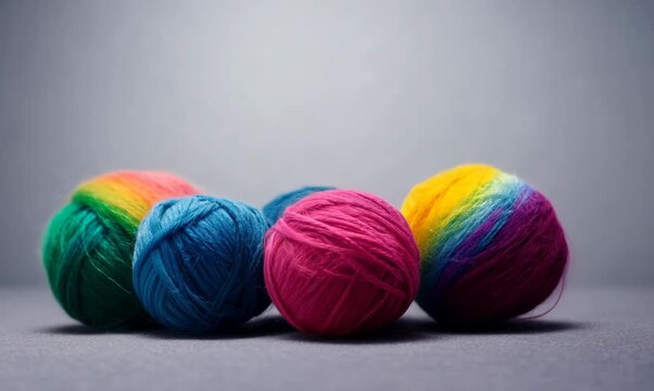 Rainbow wool balls composition on neutral gray surface