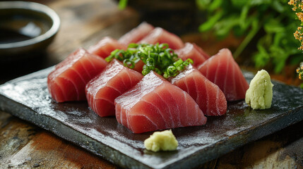 Tuna sashimi with rusting plating, wasabi