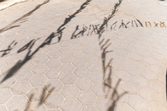 Shadow of decorative ribbon on tiled sidewalk