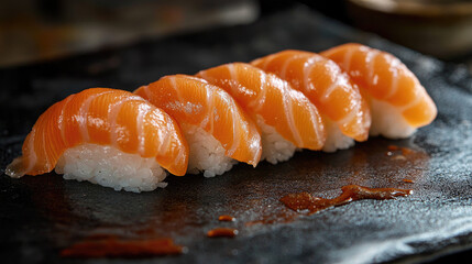 Salmon nigiri, high detail closeup