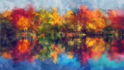 Autumn oil painting colorful trees reflected in a tranquil lake, showcasing nature's vivid beauty